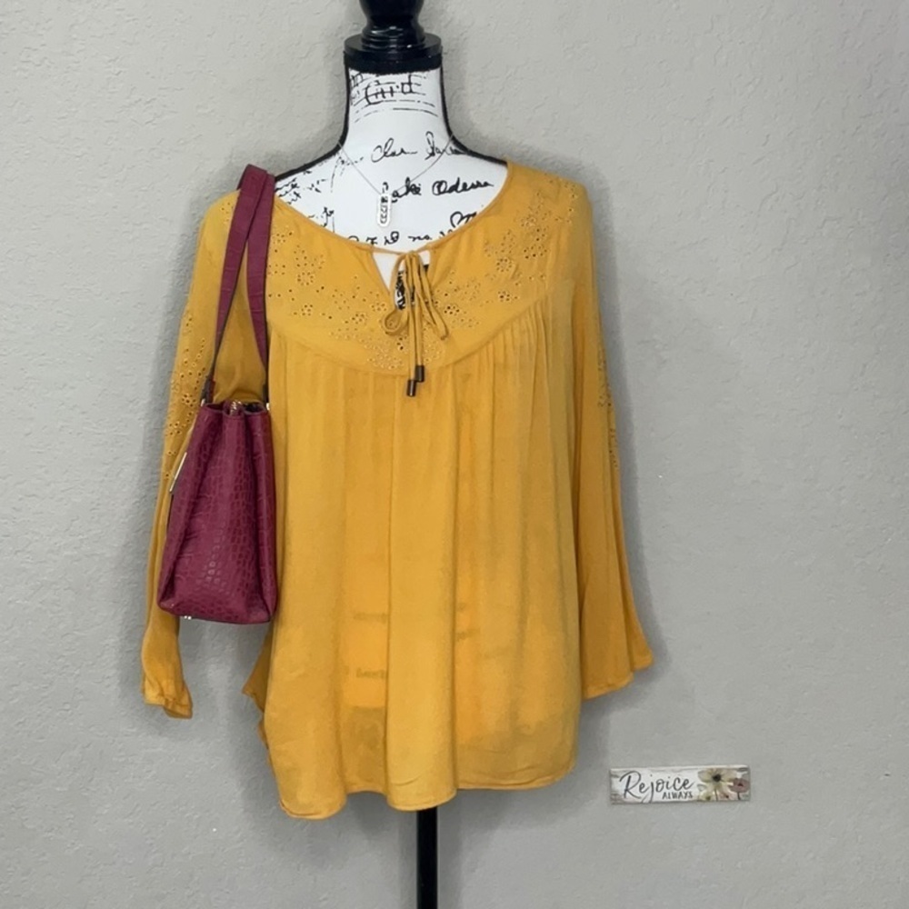 298 - Golden Yellow Tie Front 3/4 Sleeve Bib Collar Blouse